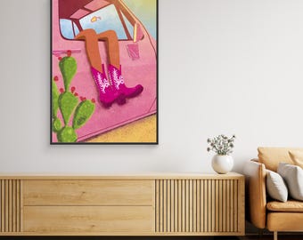 Pink Western Boots Car Art | Funky Boho Bedroom Wall Decor