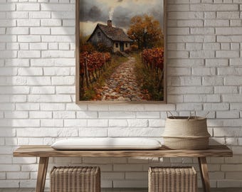 Rustic French Cottage Painting: Weathered Autumn Landscape Art Print Digital Download 378