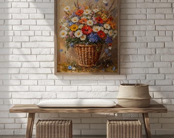 Wildflower Basket Oil Painting Print – Vintage Cottagecore Decor (Digital Download) 146
