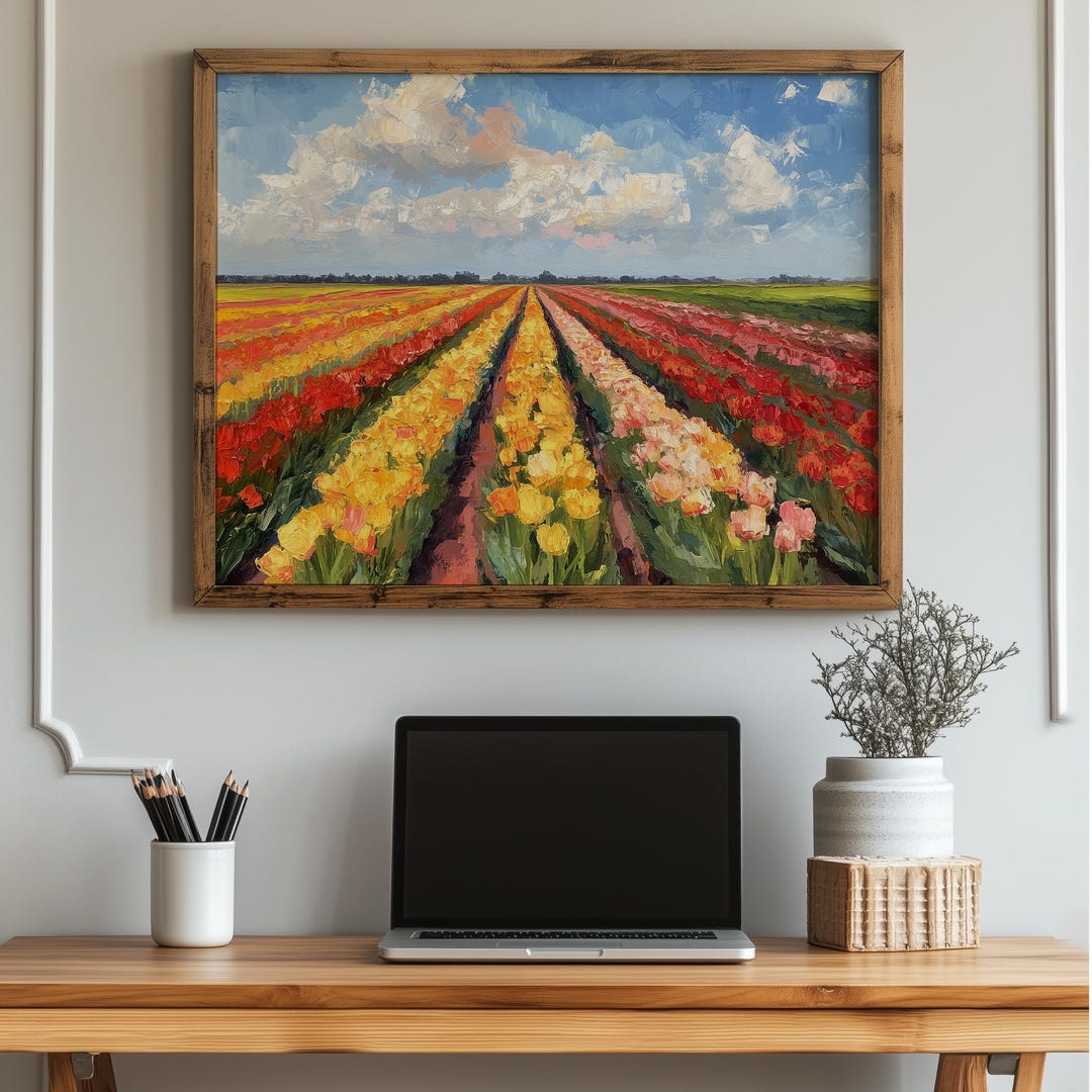 Rustic Tulip Field Oil Painting – Spring Landscape Art Print (digital ...