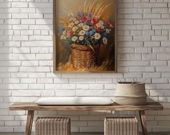 Floral Still Life Oil Painting – Rustic Wicker Basket, Cottagecore Art (Digital Download) 147