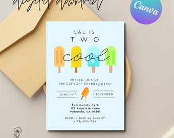 May include: A light blue birthday party invitation with popsicle illustrations in orange, yellow, blue, and green. The text reads "Cal is Two Cool" and includes party details. A tan envelope is in the background.