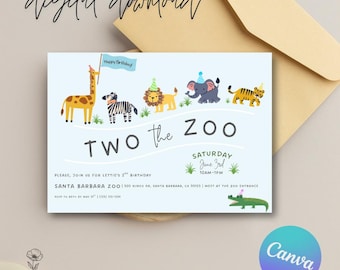 May include: A light blue digital download invitation with the text "Two the Zoo" and "Happy Birthday" above cartoon animals. The invitation includes event details for a birthday party at the Santa Barbara Zoo.