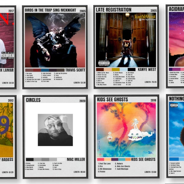 8 Rap Album Cover Posters - Digital Album Art Poster Download - Home Decor - Wall Art - Tracklist