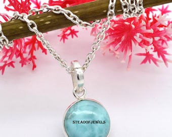 Colar feito à mão em prata esterlina 925: pingente redondo de larimar natural