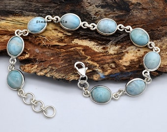 Larimar Gemstone Bracelet: Sterling Silver Bezel Tennis Bracelet