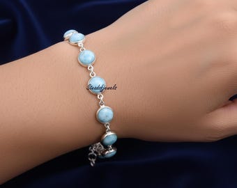 Larimar Gemstone Bracelet: Sterling Silver Bezel Tennis Bracelet