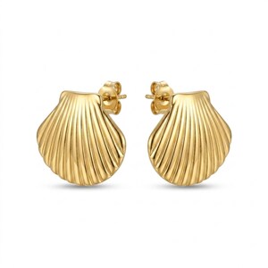 May include: A pair of gold-toned stud earrings shaped like fan-style seashells. Each earring features a polished, metallic surface with vertical ridges radiating from the base to the scalloped edge, complete with a standard post-back closure.