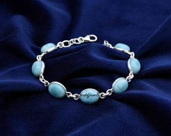 Larimar Gemstone Bracelet: Sterling Silver Bezel Handmade Tennis Bracelet