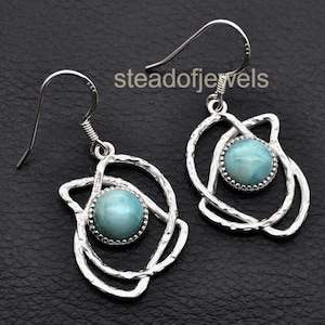 Handmade Hammered Larimar Drop Earrings: 925 Sterling Silver