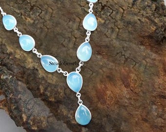 Aqua Chalcedony Necklace: Sterling Silver Pear Cabochon Boho Jewelry