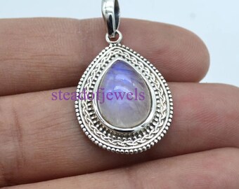 Sterling Silver Moonstone Necklace: Pear Cabochon Boho Jewelry
