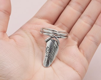 Sterling Silver Etched Floral Armor Ring, Adjustable Boho Statement Jewelry