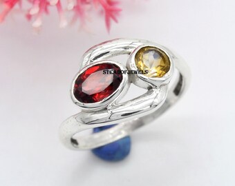 Handmade Sterling Silver Garnet Citrine Ring: Art Deco Gemstone