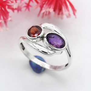 Handmade Sterling Silver Garnet Amethyst Ring - Art Deco Style