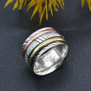 Solid 925 Sterling Silver Spinner Band Handmade Designer Mediation Ring, Spinner Ring, Three Tone Ring, Unisex Ring