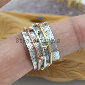 Handmade Sterling Silver Spinner Ring: Three Tone Meditation Band