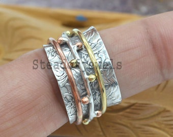 Handgemachte Sterling Silber Spinner Ring: Drei Ton Meditation Band