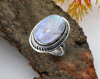 Bague pierre de lune arc-en-ciel : déclaration bohème faite main en argent sterling 925