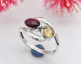 Handmade Garnet Citrine Ring: Art Deco 925 Sterling Silver