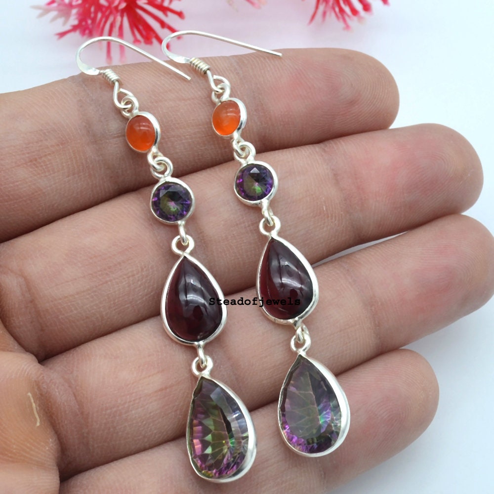 Multi Gemstone Earring 925 Sterling Silver Earring Boho | Etsy