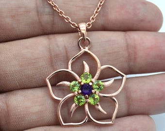 925 Sterling Silber Floral Halskette: Blautopas, Peridot, Amethyst, 50,5 cm