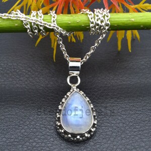 Regenbogen Mondstein Kette: Handgefertigter 925 Sterling Silber Birnchencabochon