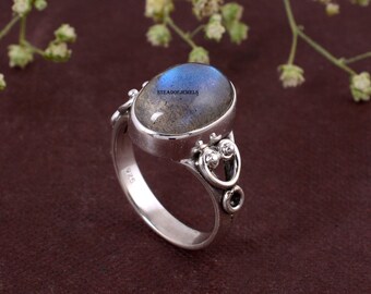 Natürlicher Labradorit 925 Sterling Silber Solitär Ring mit blauem Feuer Labradorit Ring, Boho Statement Ring, Handgefertigter Silber Edelstein Ring