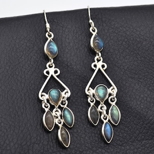 Handmade Labradorite Dangle Earrings: 925 Sterling Silver Gemstone