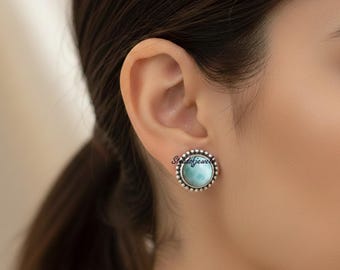Orecchini Artigianali In Argento 925 Con Larimar Naturale - Sfera Tonda 8mm - Nuovi