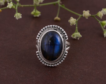 Natürlicher Labradorit 925 Sterling Silber Solitär Ring mit blauem Feuer Labradorit Ring, Boho Statement Ring, Edelstein Ring, Mutter Geschenk