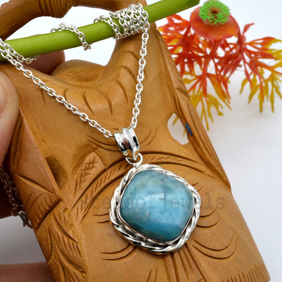 Collier En Argent Sterling 925 Et Larimar Bleu - Fait Main - Longueur 18 Pouces - Neuf