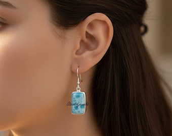 Handmade Larimar Earrings, 925 Sterling Silver, Boho Gemstone Jewelry