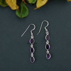 Solid 925 Sterling Silver Amethyst Gemstone Women Dangle Handmade Birthstone Gift Earring