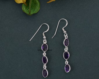 Solid 925 Sterling Silver Amethyst Gemstone Women Dangle Handmade Birthstone Gift Earring