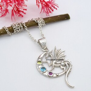 Multi Gemstone Sterling Silver Dragon Pendant Necklace