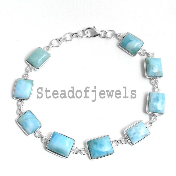 Bracelet en larimar naturel, argent sterling massif 925 bleu ciel en forme de coussin, bracelet en argent fait main, bracelet en larimar,