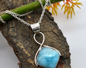 Natural Larimar Necklace: 925 Sterling Silver Pendant, Sky Blue Gemstone