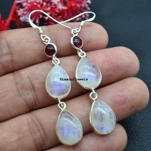 Handmade Sterling Silver Moonstone Garnet Dangle Earrings