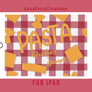 May include: A digital illustration of a tablet screen displaying a graphic design for a set of pasta-themed brushes and stamps for iPad. The design features a red and white checkered background with various pasta shapes, including bowtie pasta, square pasta, and long pasta. The text "PASTA brushes + stamps" is written in a playful font.