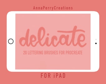May include: A pink iPad screen with the text "delicate" in a white, stylized font. The text "20 LETTERING BRUSHES FOR PROCREATE" is below the word "delicate". The text "FOR iPad" is at the bottom of the screen.