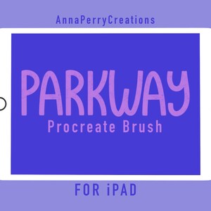 May include: A white tablet screen with a blue background. The text "PARKWAY" is in pink and stylized with a textured effect. The text "Procreate Brush" is below the word "PARKWAY" in white. The text "FOR iPad" is at the bottom of the screen in white.