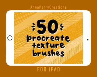 May include: A digital tablet displays a collection of 50 Procreate texture brushes. The screen features various patterns in shades of yellow and white. The text "50 Procreate texture brushes" is prominently displayed, with "FOR iPad" below.
