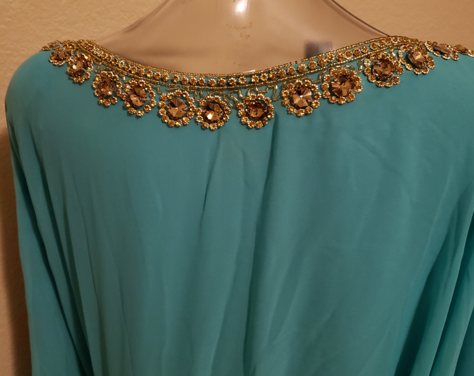 Floral Pattern Golden Hand Embellished Kaftan Dress
