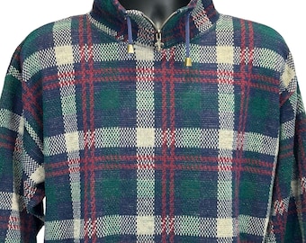 Suéter vintage de los años 90 con cuello alto, estampado de flor de lis verde y azul, con cremallera, para hombre, talla M