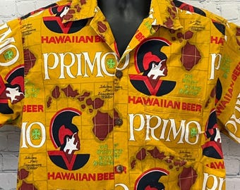Camicia da campeggio vintage anni '70 Primo Hawaiian Beer con bottoni sul davanti, colore giallo, taglia L.