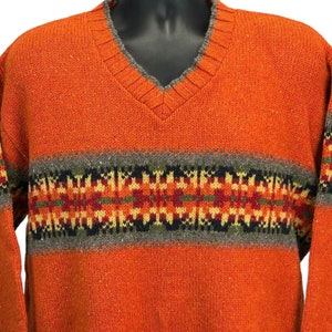 Vintage 90s Eddie Bauer Wool Blend Sweater: Orange V-Neck, Made In USA