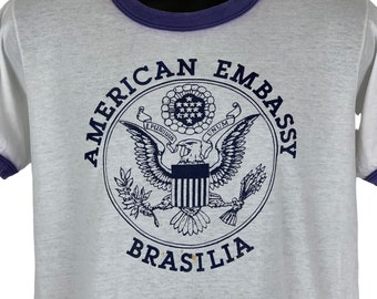 American US Embassy Brasilia Vintage 80s Ringer T Shirt Brazil Tee Medium