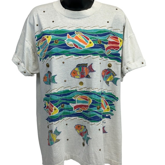Tropical Fish Vintage 90s T Shirt Bedazzled Studded Single Stitch