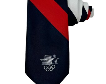 US Olympics Vintage 80s Tie Summer Games Striped Made In USA Necktie Mens Blue